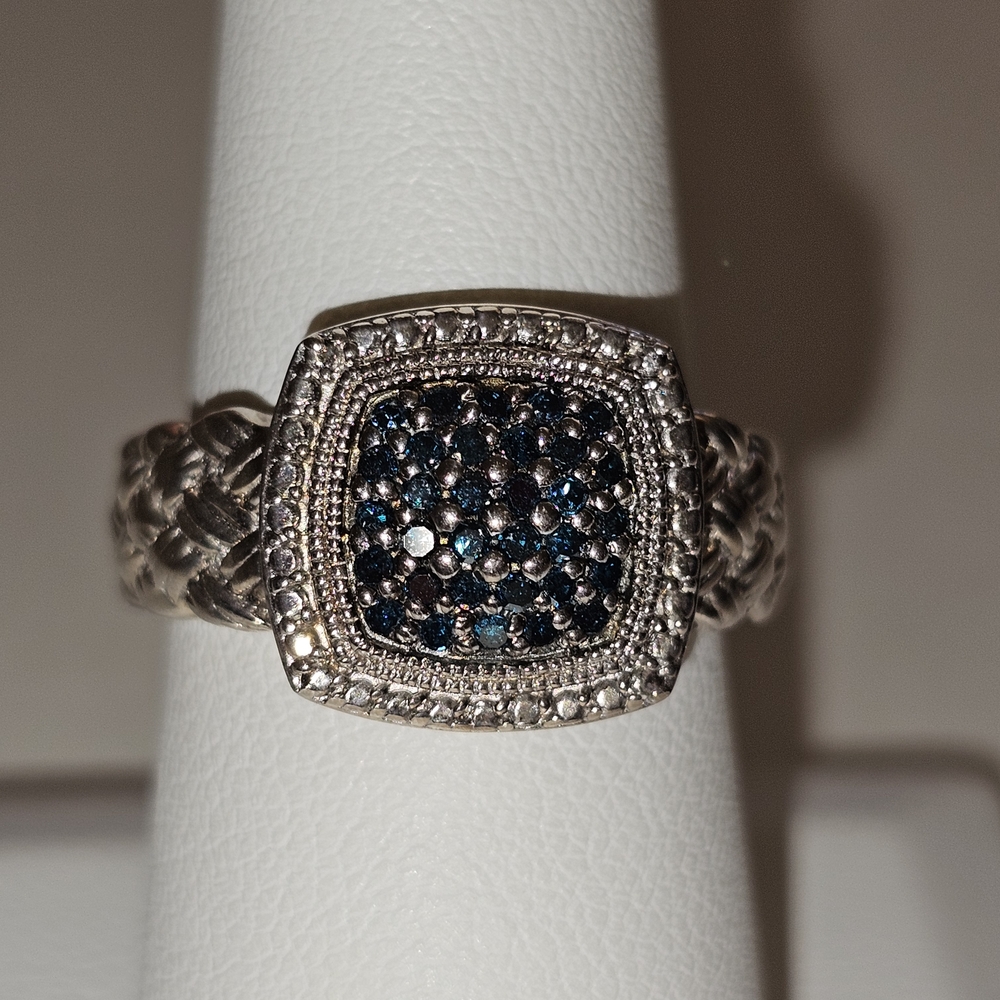 Pave' Color Cushion Blue Diamond Ring, Sterling, 1/4 cttw by Affinity Size 8